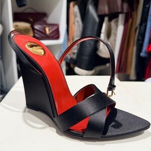 Saint Laurent Bibi 110 Satin Black Wedge Sandal